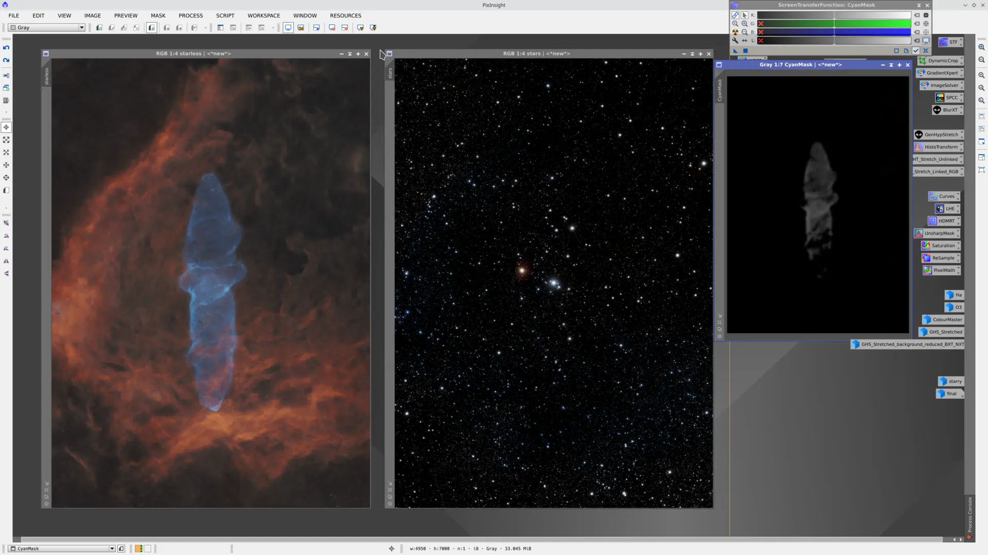 Left: starless nebulosity. Right: star field. Inset mask used to boost the Squid without lifting the Bat background, separated with StarXTerminator.