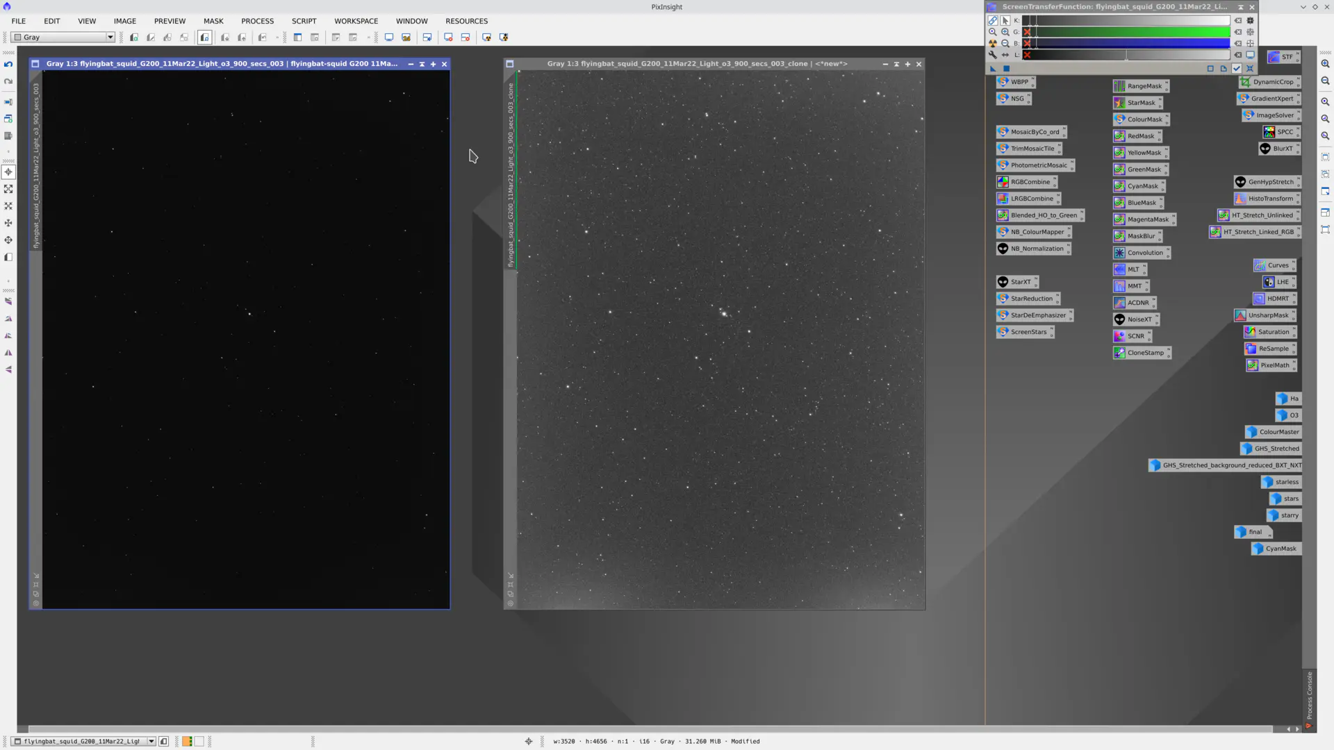 Single 15-minute OIII sub-exposure with very little Squid Nebula visible